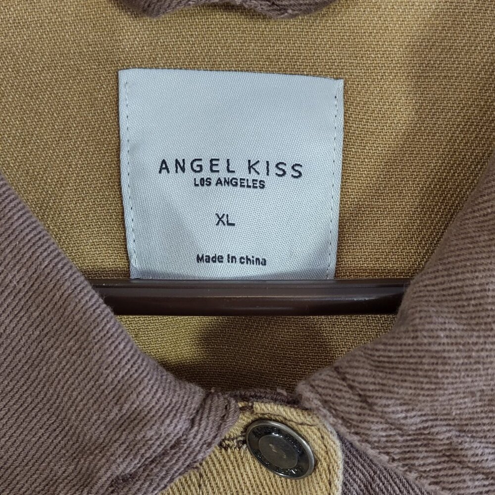 Angel Kiss Crop Brown Denim Jacket Colorblock Distressed Grunge Boxy Junior XL - Picture 4 of 6